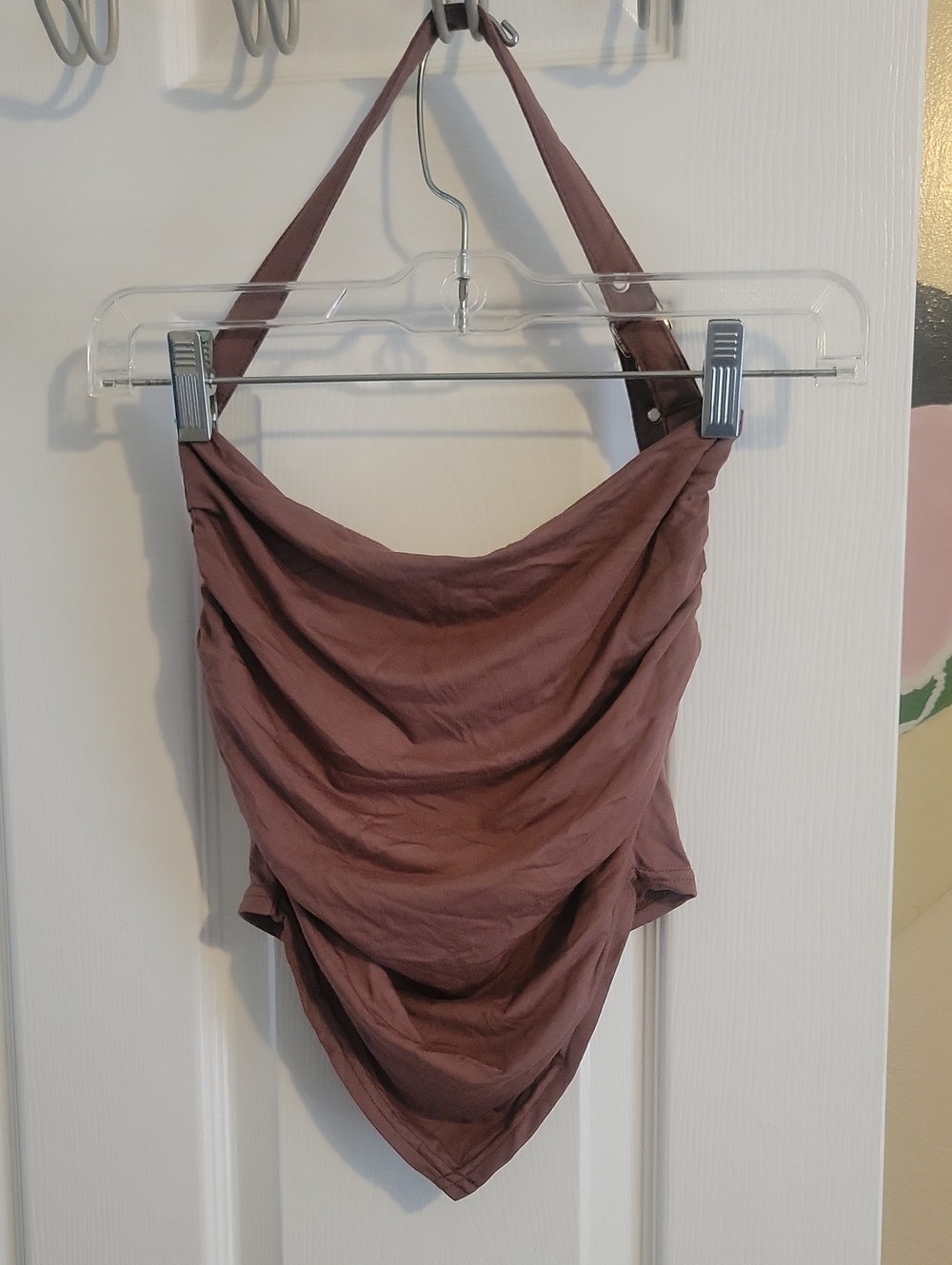 HALARA SzS Brown Viscose Stretch Top V Hem Adjustable Neck strap rouching sides